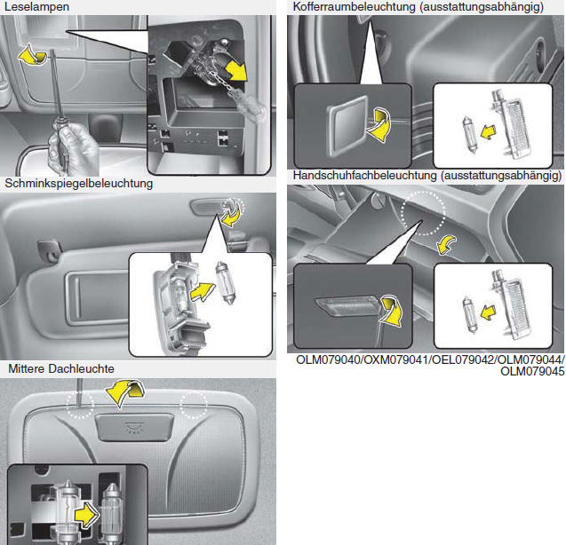 Hyundai ix35. Glühlampen der Innenraumbeleuchtung ersetzen